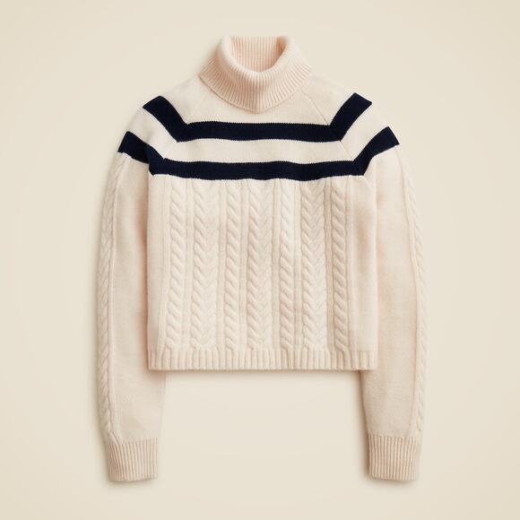 J.Crew Cashmere Cable-Knit Turtleneck Sweater With Contrast Stripe Ivory - XS - Picture 1 of 2